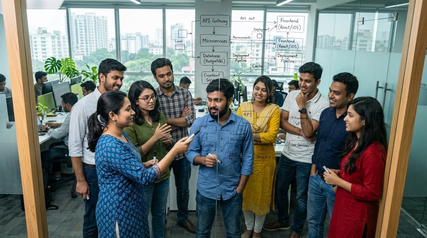 Bangladeshi software engineers collaborating on code review in Dhaka